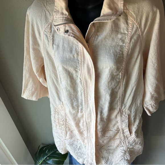 Chico's Jacket Women's 1 US Medium Pink Linen Cutwork Topper 3/4 Sleeves - Picture 2 of 13